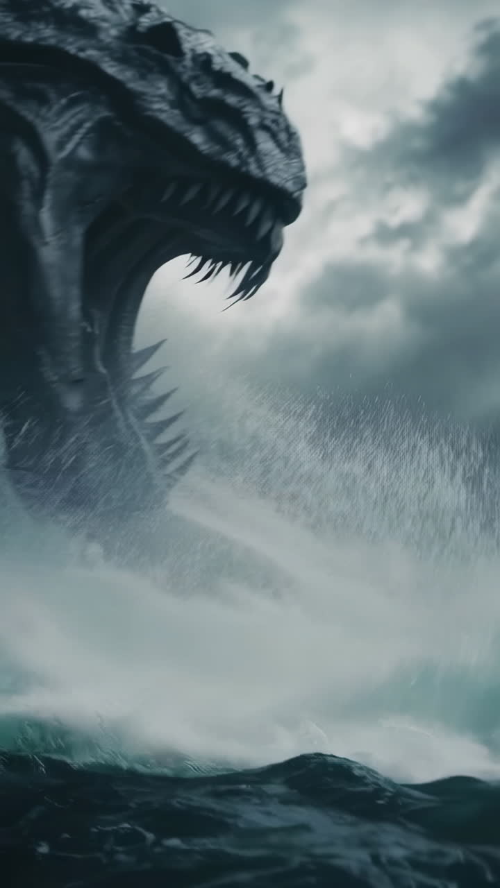 Man in Boat Confronts Giant Sea Monster on Stormy Sea