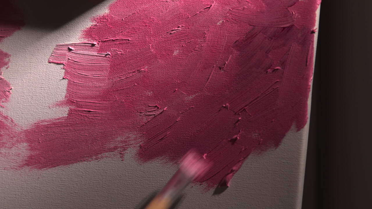 Artist Refining Textured Magenta Paint With Deliberate Brushwork And Blending Close Scene Shows Subtle . Media