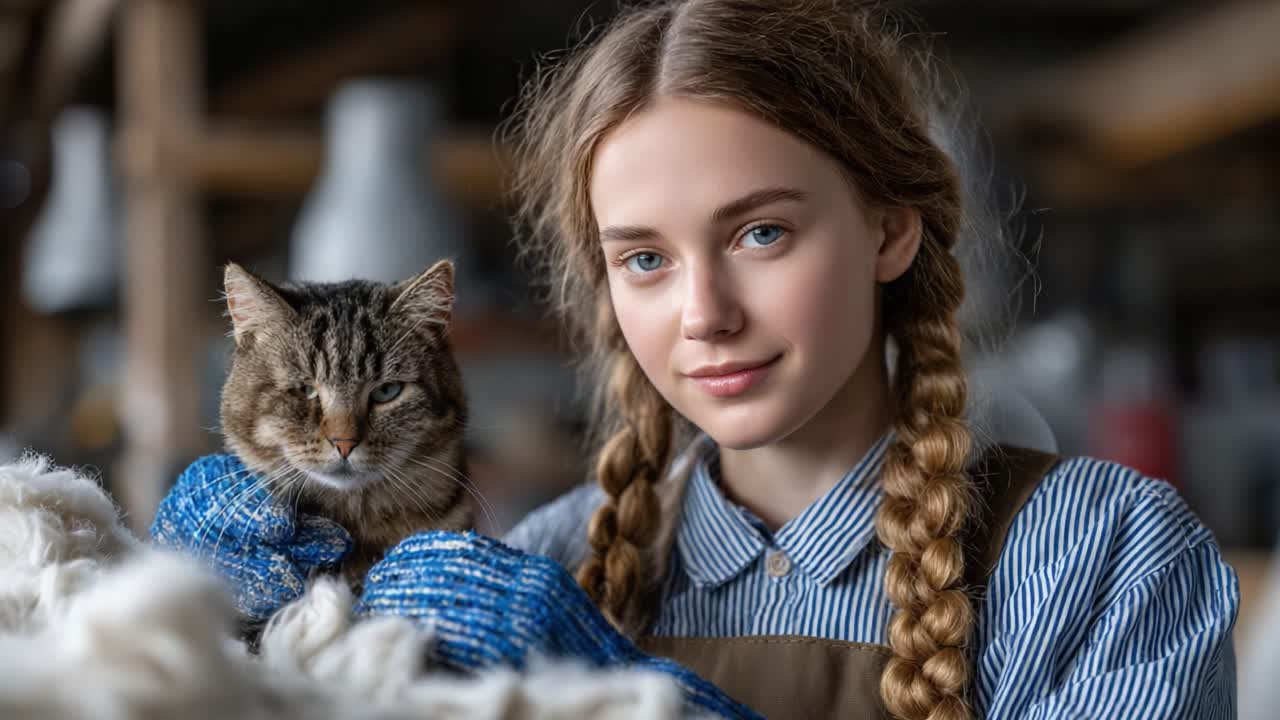 A Young Girl Wearing Blue Gloves Cuddles a Playful Cat in a Cozy Indoor Setting, Capturing the Essence of Friendship and Care Between Humans and Animals