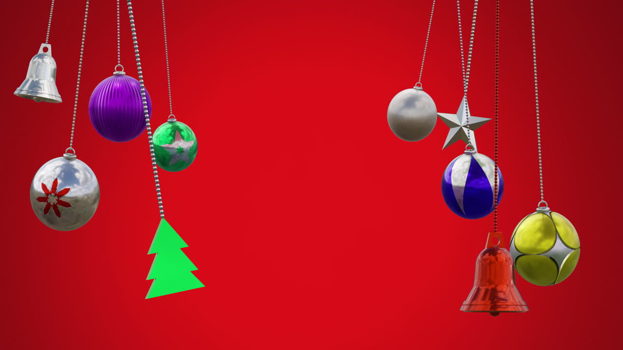 animación de árbol, campana, estrella y bolas balanceándose contra un fondo rojo