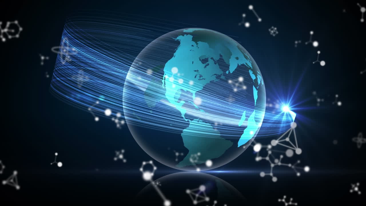 Animation of molecular structures and light trails over spinning globe against blue background