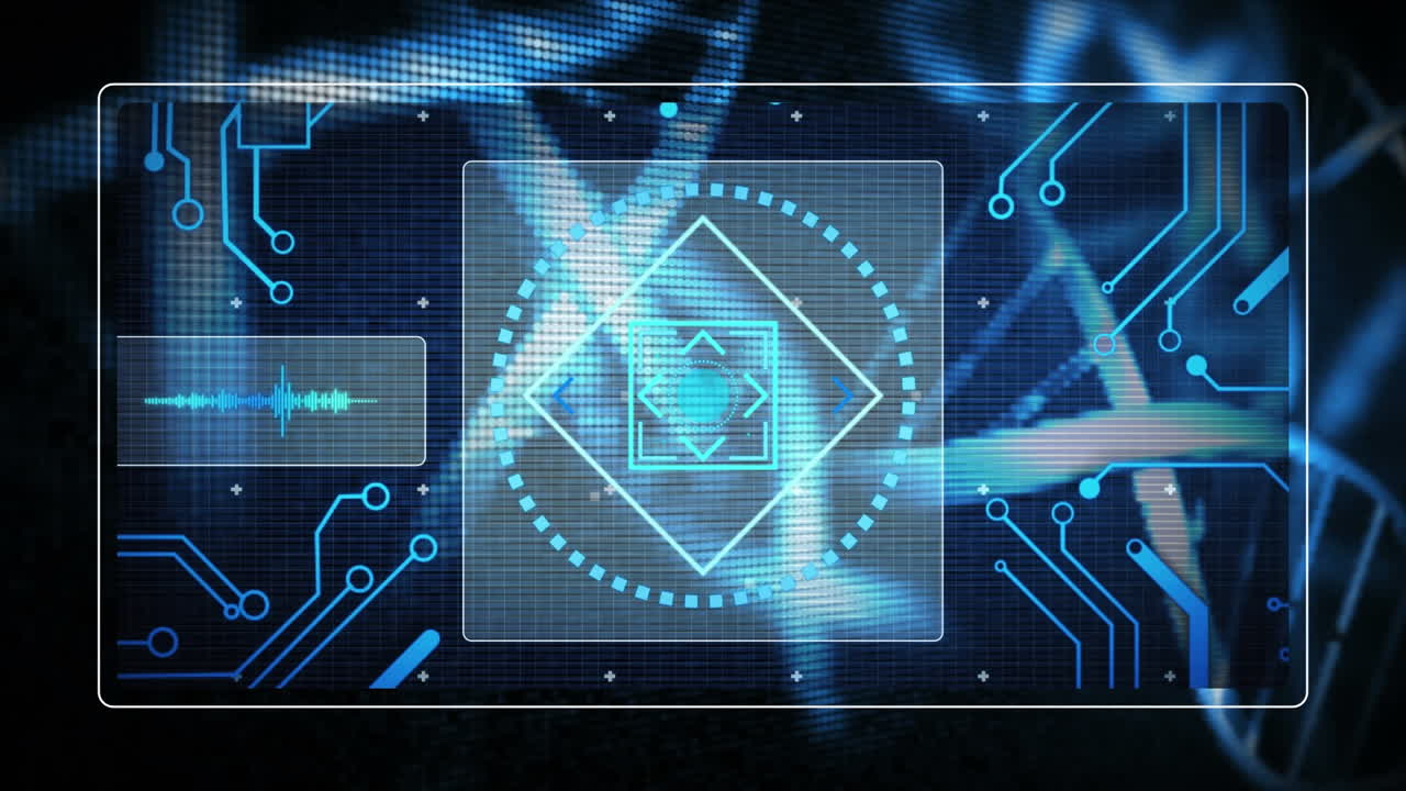 Animation of scope scanning and data processing on screen with computer circuit board