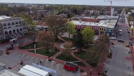 arkansas city of bentonville aerial footage of main park in city center