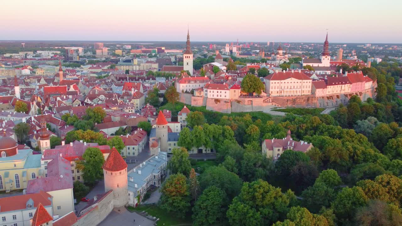 Aerial shot of Tallinn, Estonia during the summer months at sunset. Breathtaking skyline views of the entire city.