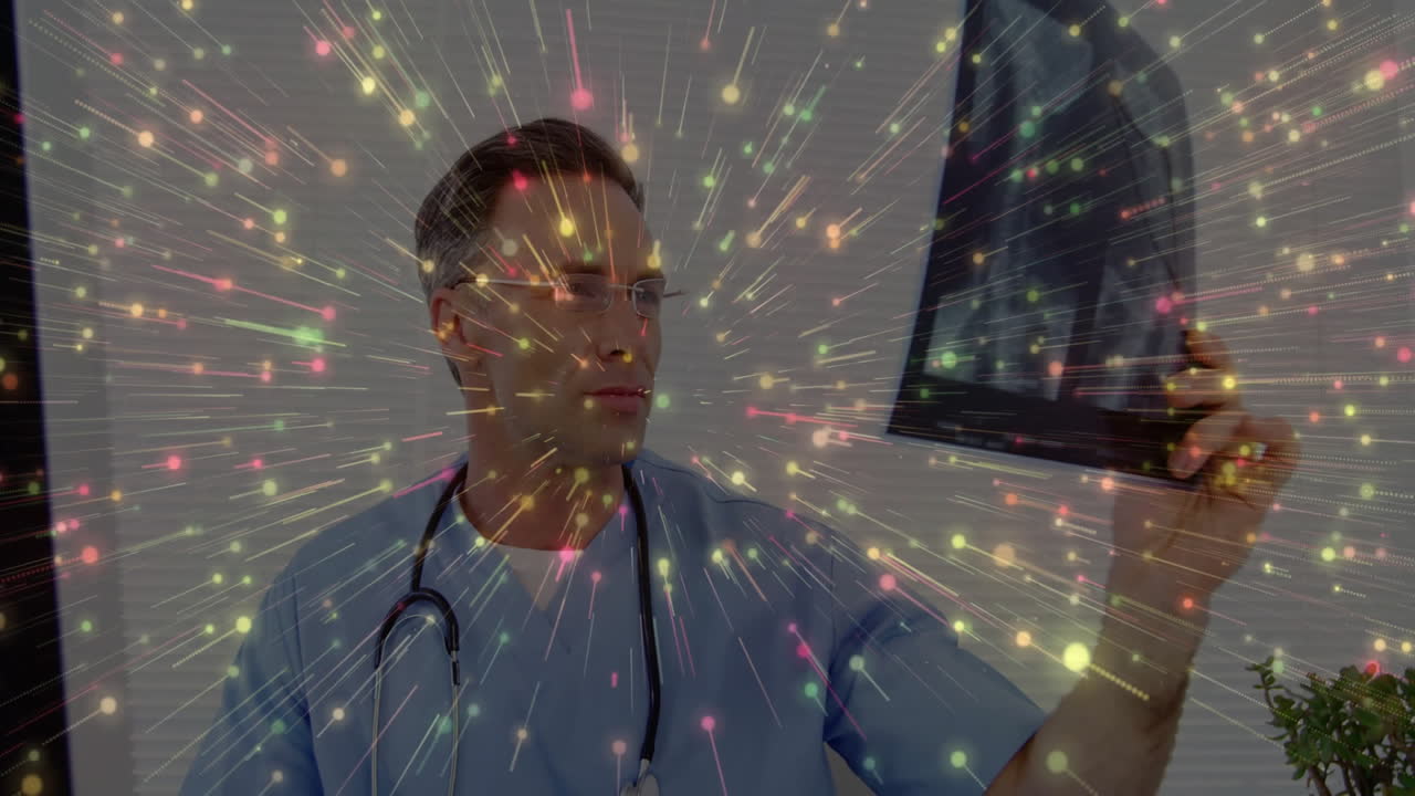 Doctor examining X-ray film in office with colorful light burst radiating digital health tech vibe
