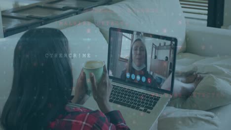 cyber security data processing against woman having a video call on laptop at home