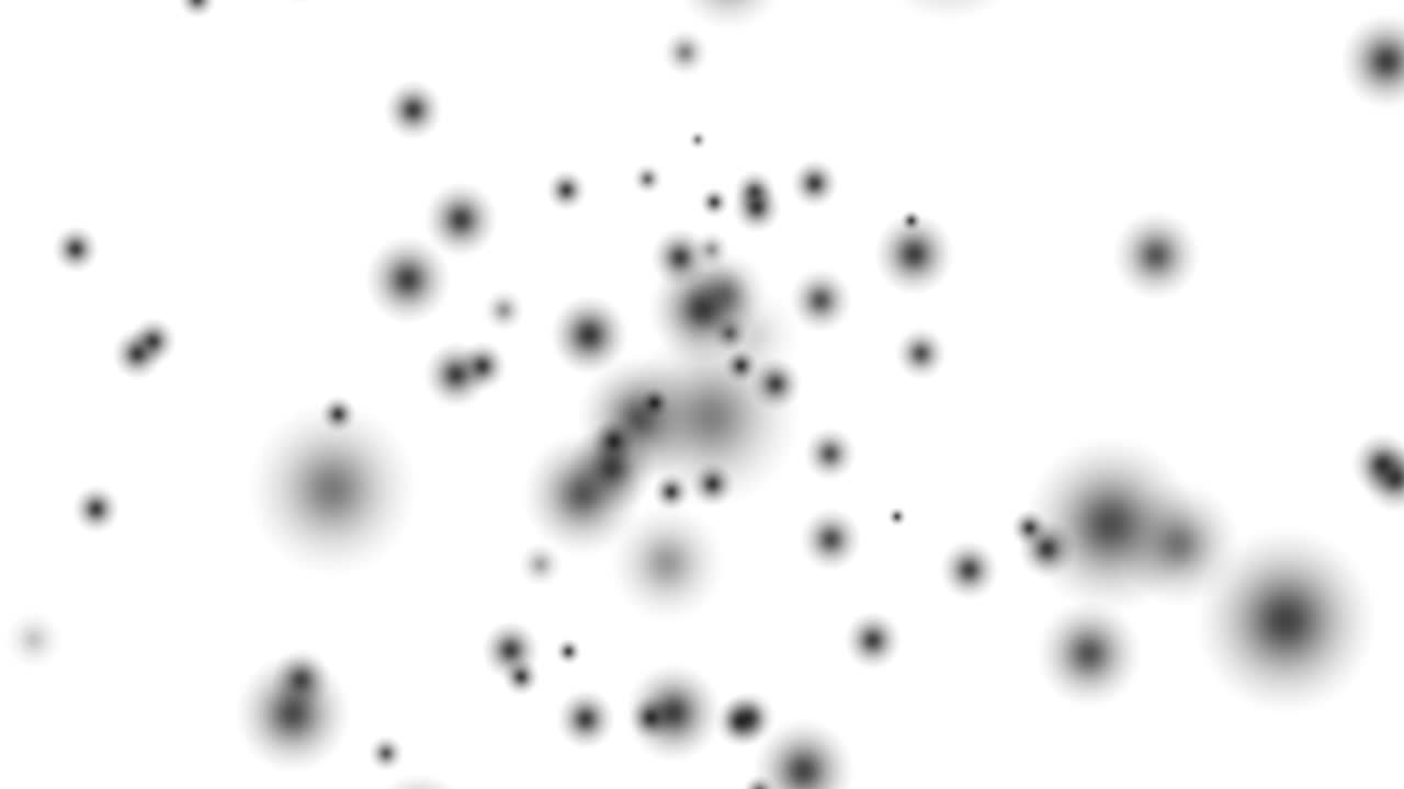 Bokeh de cercles flous noirs s'envolant sur fond blanc. Animation de mouvement de cercles flous. Effet de défocalisation. Composition horizontale, qualité vidéo 4K.