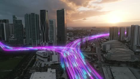 smart city futuristic cityscape aerial at sunset with energy flow animation