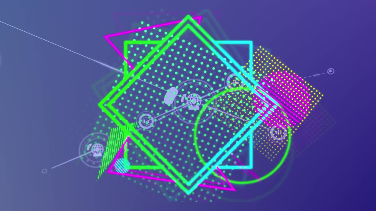 Animazione di una rete di connessioni con icone e forme su sfondo blu
