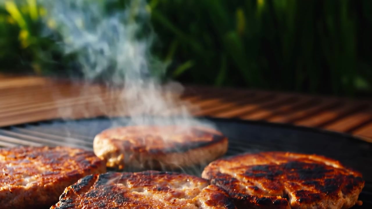 Primo piano di diverse polpette di hamburger che cuociono su una griglia scanalata sotto la calda luce del sole, con superfici rosolate, calore che sale e uno sfondo verde leggermente sfocato.