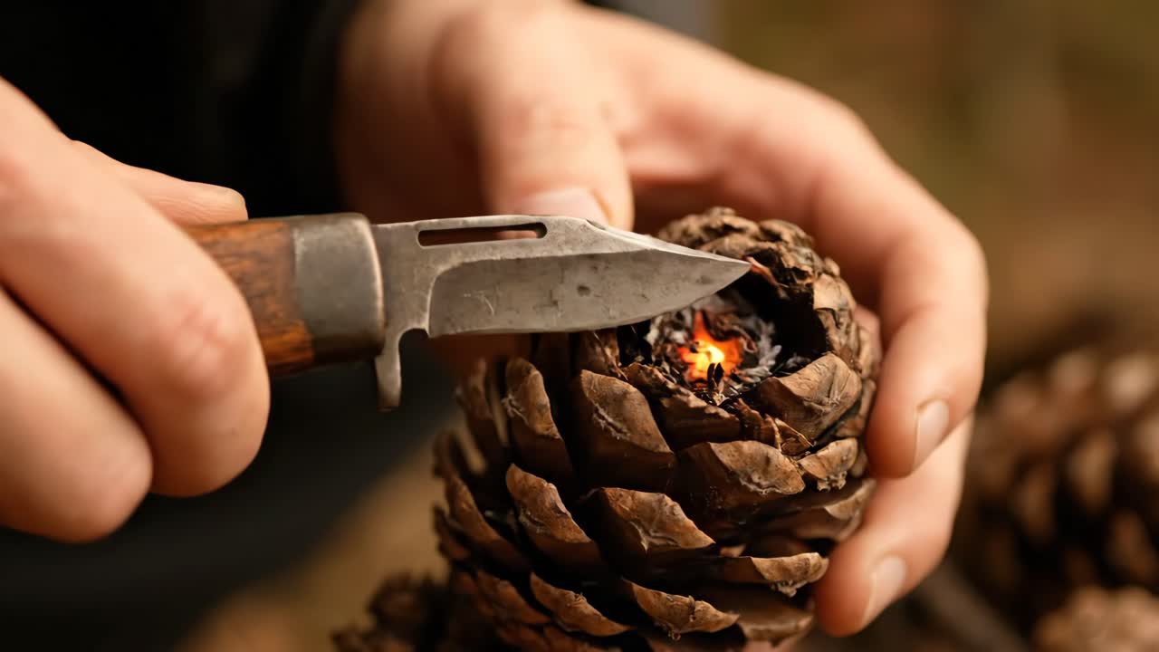 Preparare una pigna con un coltello per accendere un fuoco