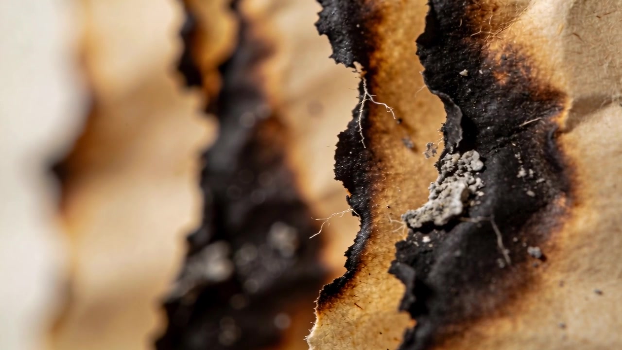 Telecamera che si sposta mettendo a fuoco a sinistra, rivelando agglomerati di cenere e la texture del bordo di carta carbonizzata in studio.