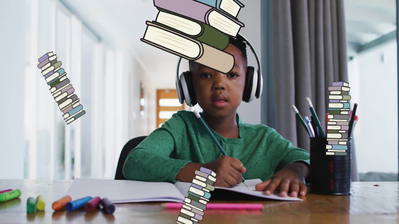 Animation of school items over african american boy learning at home