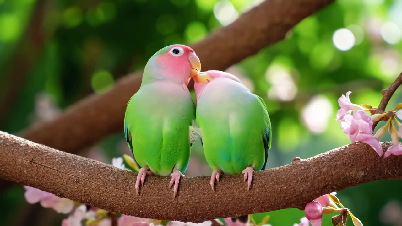 Inseparáveis Afetuosos Pousados em um Galho de Árvore Florida