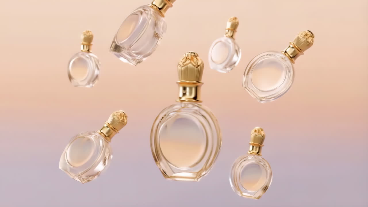 Elegant perfume bottles floating against a gradient background ...