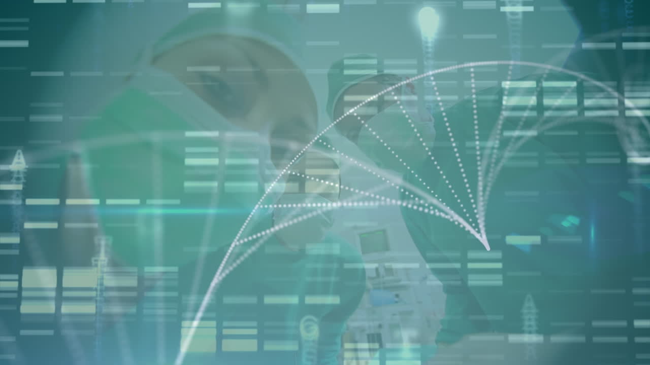 animación de la estructura del adn girando y cuadrados de mosaico contra el equipo de cirujanos en el hospital