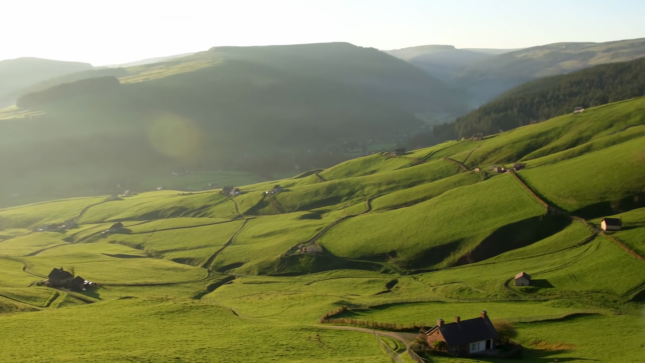Sunlit Rolling Green Hills At Dawn, Soft Mist Drifting Through Valley, Scattered Cottages On Pasture, Winding