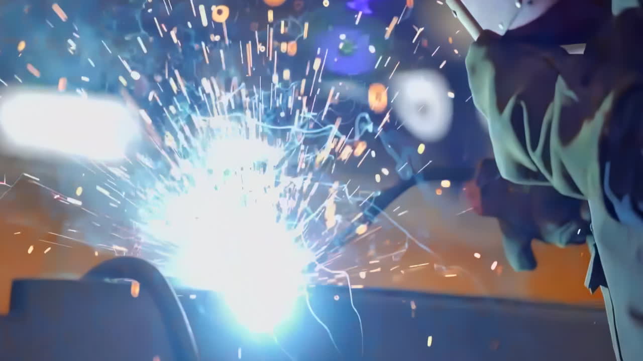 close-up shot lots of sparks in the factory, Welder at work in protective mask welding metal construction industry at industrial production
