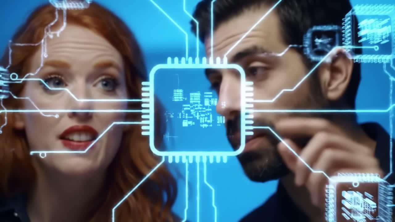 A group of experts examines intricate digital circuits in a modern laboratory. They analyze data and collaborate on innovative projects related to technology developments.