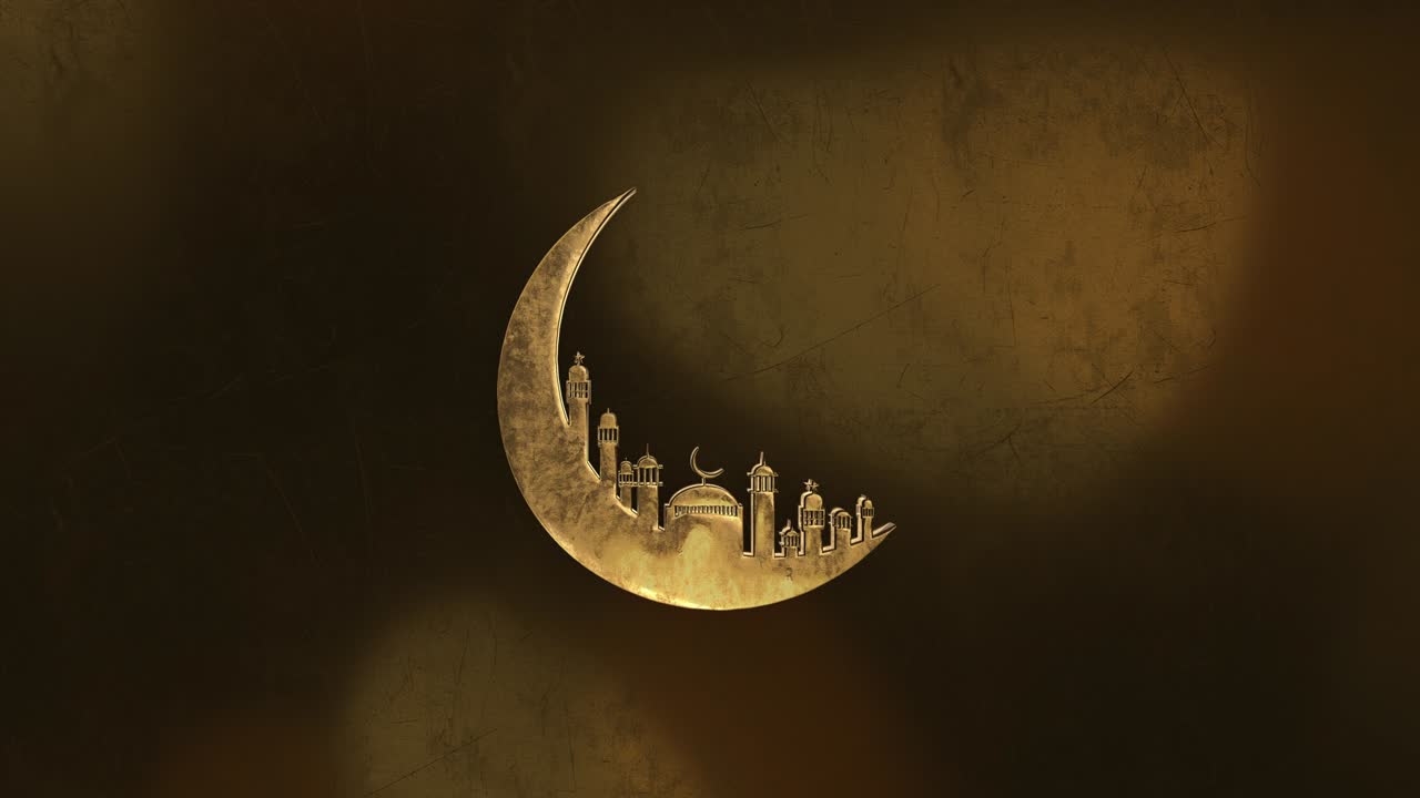 rendering 3d, animación de ramadán kareem con mezquita de luna dorada en fondo de color oro de sombra ligera. diseño para tarjeta de saludos, cartel, pancarta, invitación.