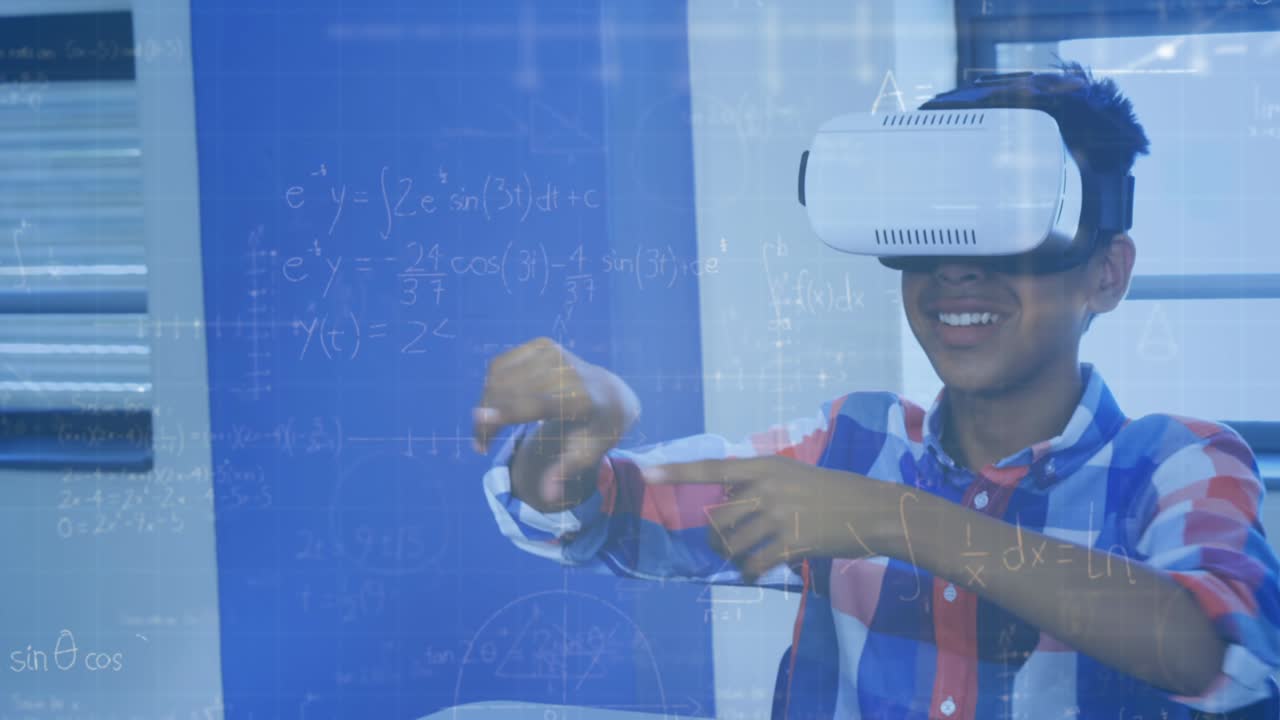 Animation af matematiske ligninger over skolebørn, der bruger VR-headset