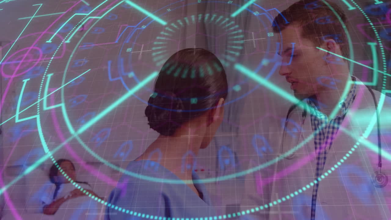 Discussing patient information, doctors using digital interface with animation overlay