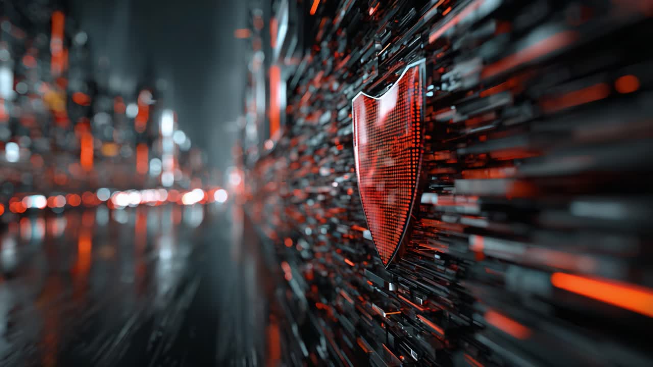 Una prospettiva spettacolare di un design futuristico di uno scudo cibernetico circondato da flussi di dati dinamici e scintillanti e strutture simili a città, che rappresentano sicurezza e tecnologia