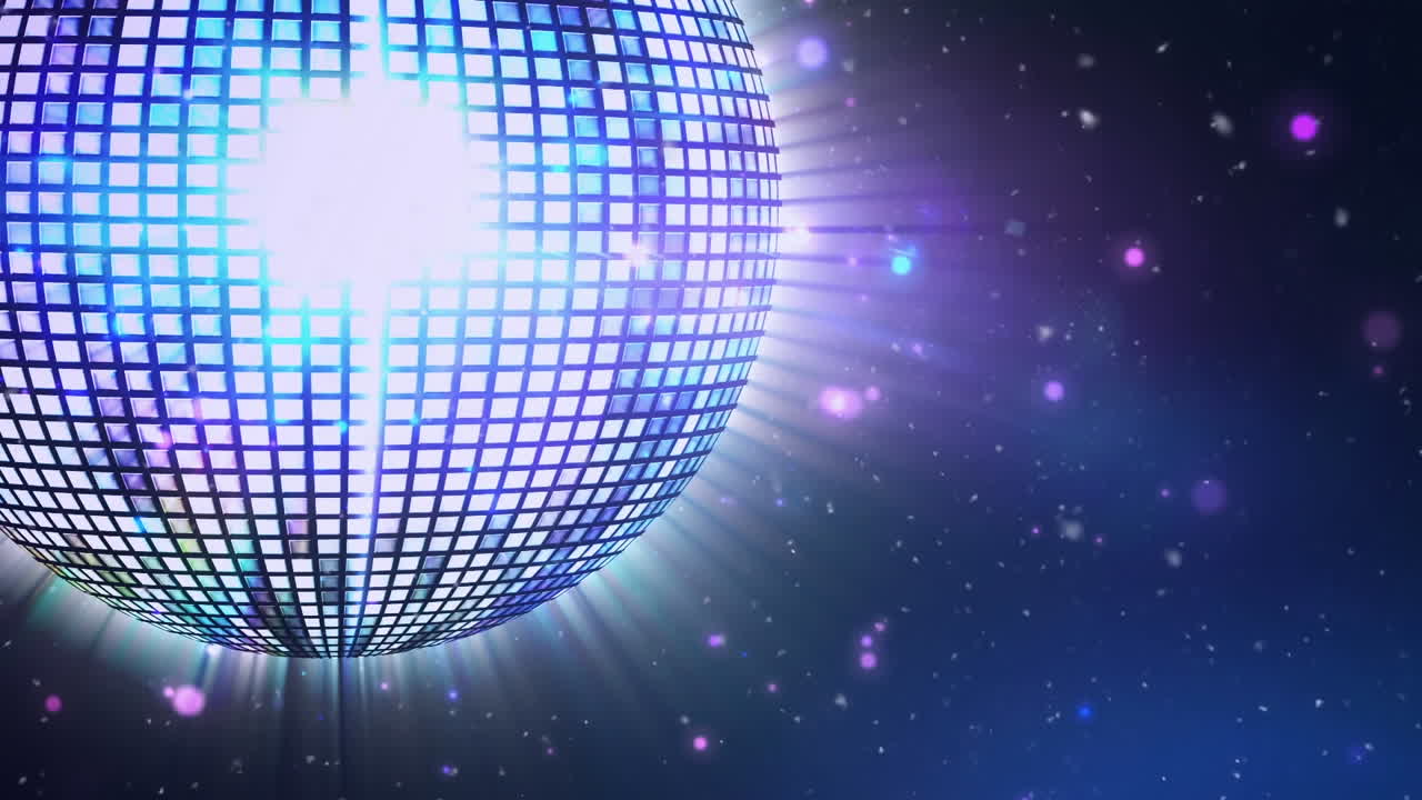 animación digital de una brillante pelota de discoteca girando contra puntos de luz sobre un fondo púrpura