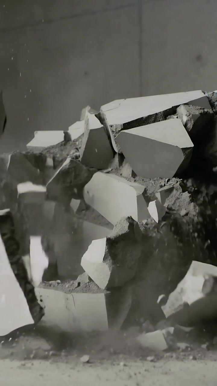 Vídeo vertical: Bloco cuboide branco desabando, ejetando poeira e fragmentos no chão após o impacto