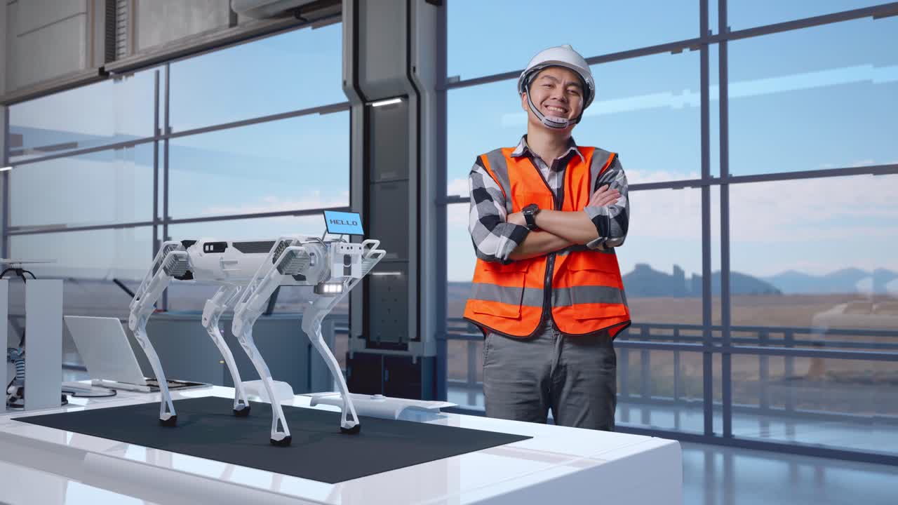 полное тело азиатского инженера-мужчины с защитным шлемом, стоящего на высокотехнологичном заводе, анализирующего концепцию робототехники, скрестив руки и улыбаясь в камеру