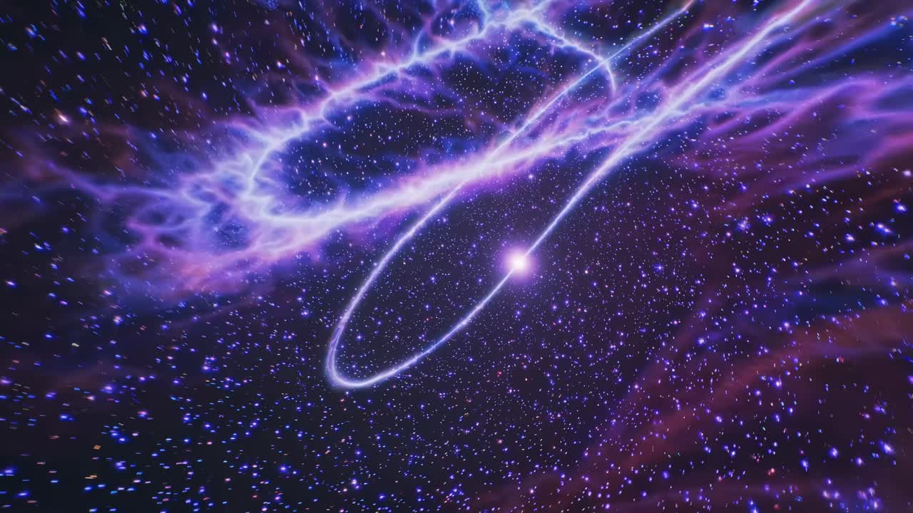 Uma cena de vídeo cósmica com um efeito de buraco de minhoca, vista de uma perspectiva grande-angular