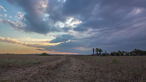 Fast-moving-clouds-across-the-field,-wide-angle-timelapse