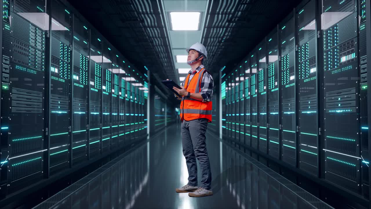 Full Body Side View Of Asian Male Engineer With Safety Helmet Taking Note On The Tablet And Looking Around While Standing in Server Room Data Center