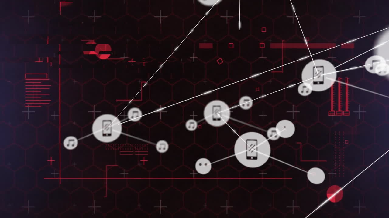 Animation of network of connections with icons over data processing on black background