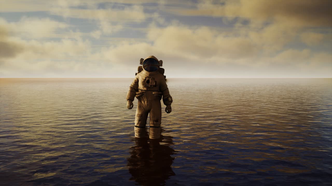 Spaceman in the sea under clouds at sunset