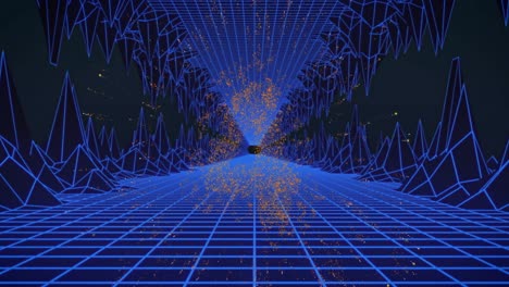 Animation-of-glittering-numbers-counting-down-from-10-to-0-over-blue-grid-tunnel-on-black