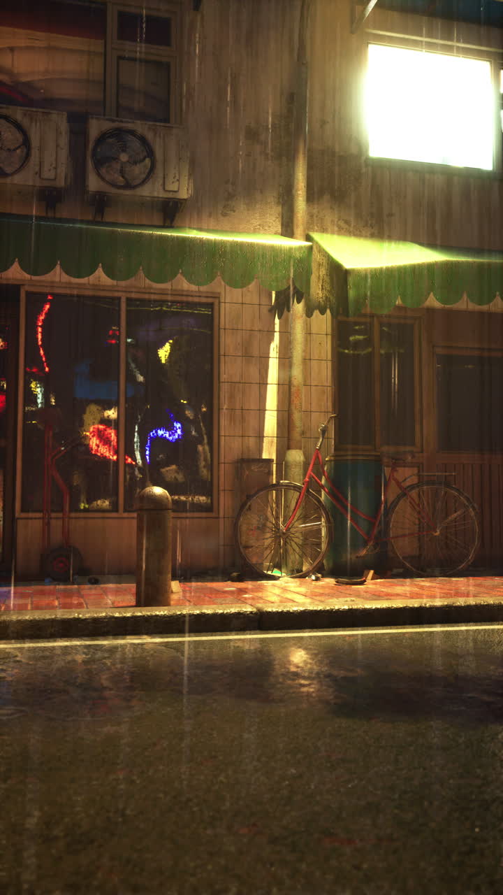 작은 아시아 마을 거리에서 비가 오는 밤