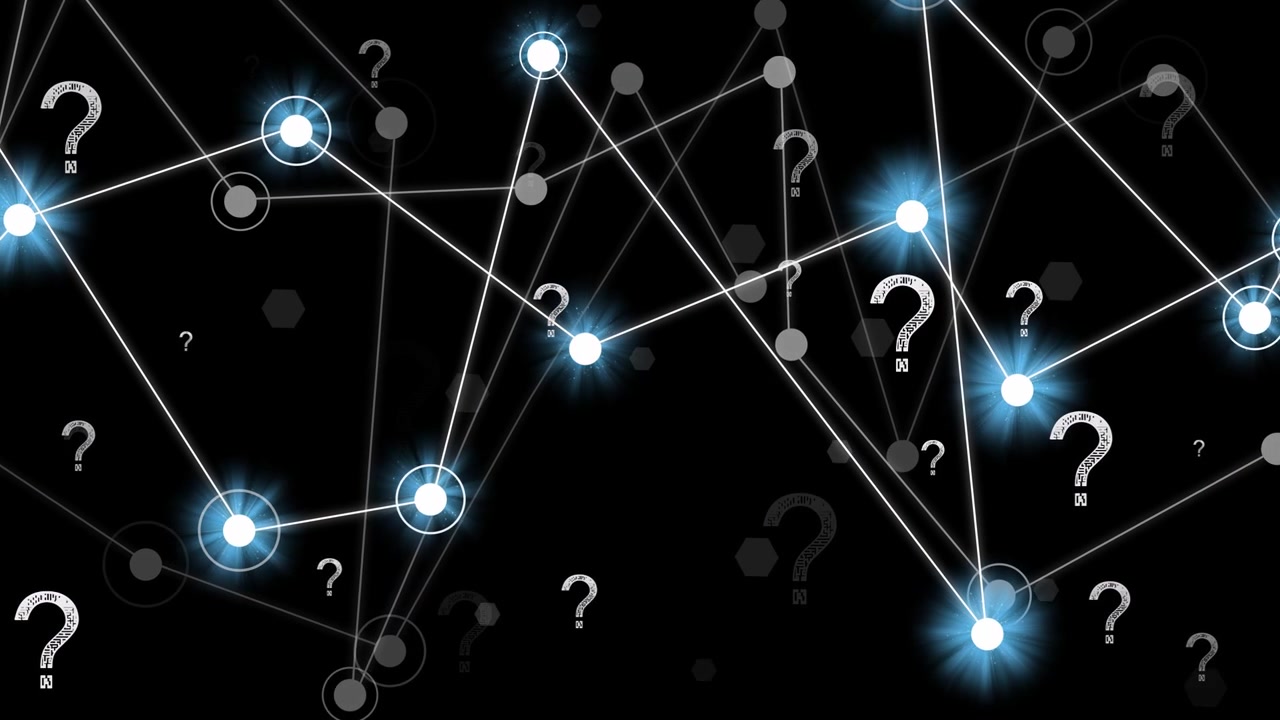 Graph expanding and pulsing after node cluster appearing, showing question marks on black backdrop