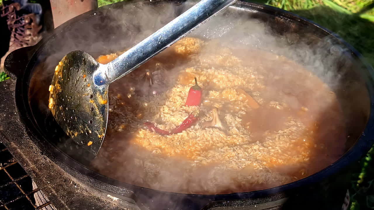 A close-up shot of cooking rice outdoors, steaming with a visible chili pepper and garlic