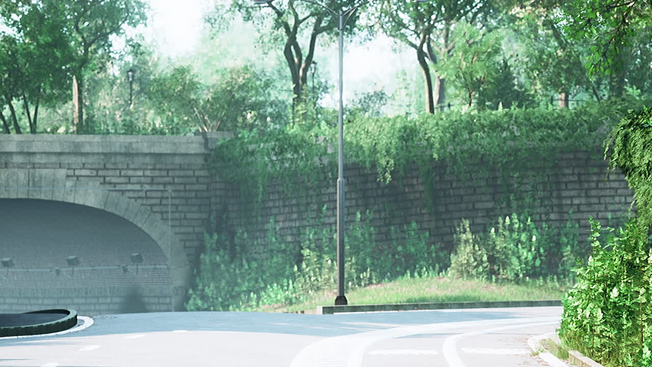 램프 포스트 와  ⁇ 빛 이 있는 비어 있는 도로 의 모습