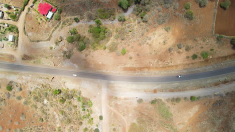 Top-down-aerial-of-a-calm-road-in-rural-Kenya