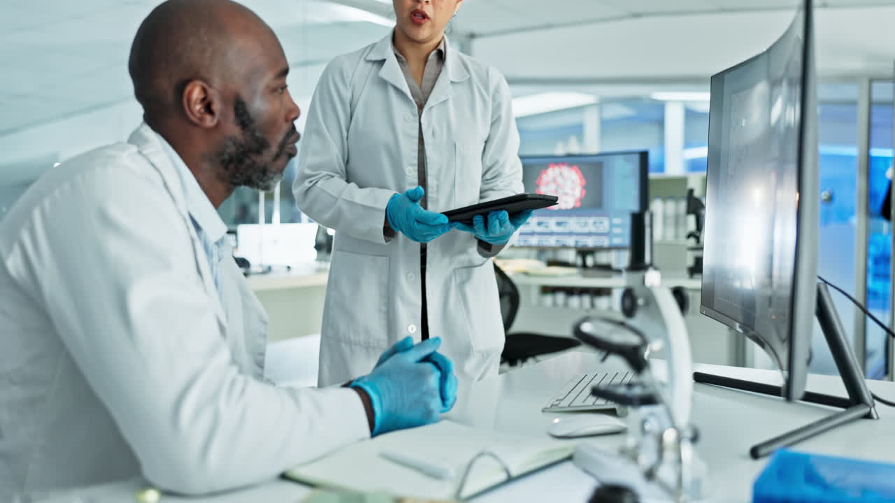 Teamwork, tablet or scientist in laboratory