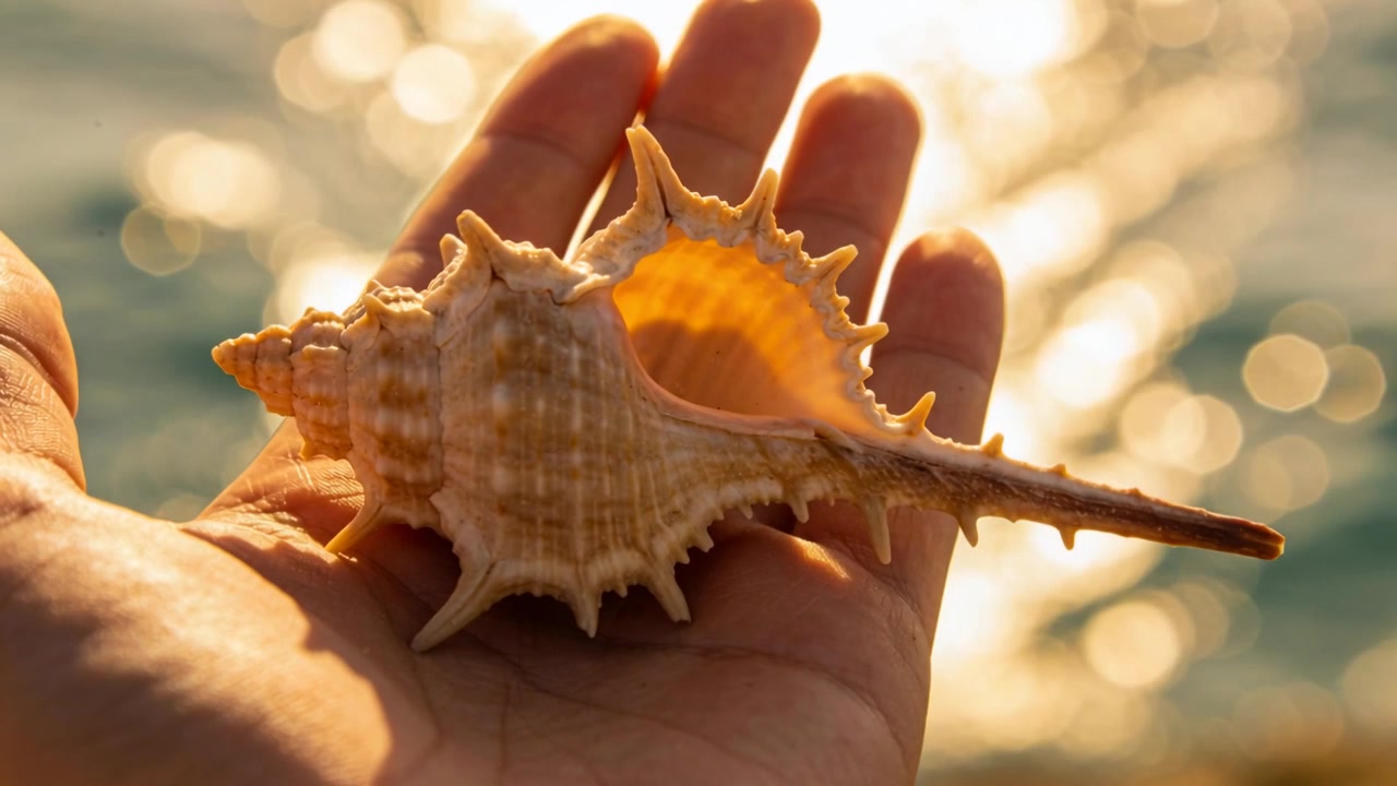 Cradling spiny conch shell, left hand angling palm-up at seaside, sunlight backlighting aperture