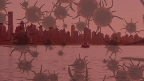 macro corona virus spreading with cityscape in the background