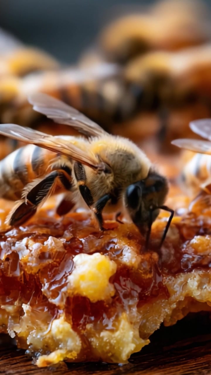 A Close-Up Look at Bees Collecting Sweet Honey from a Golden Hive, Capturing the Intricate Details of Their Behavior and the Rich Texture of the Honeycomb