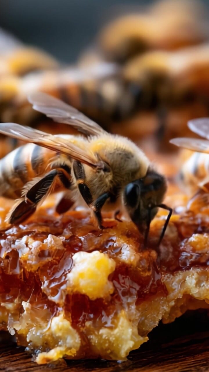 A Close-Up Look at Bees Collecting Sweet Honey from a Golden Hive, Capturing the Intricate Details of Their Behavior and the Rich Texture of the Honeycomb