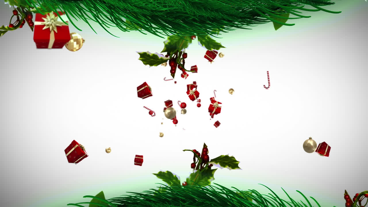 animación de regalos que caen sobre las ramas de los abetos sobre un fondo blanco