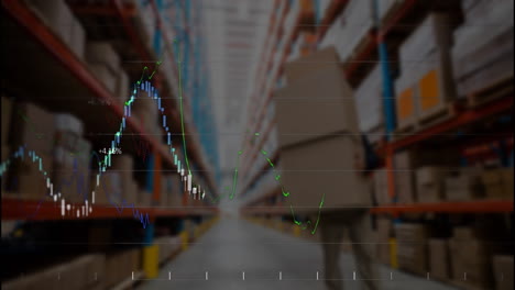 carrying boxes in warehouse, person with stock market graphs overlaying animation