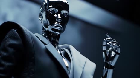a stunning display of futuristic robotics: a close-up of a sleek, metallic android in a tailored suit captured in artistic lighting and shadows