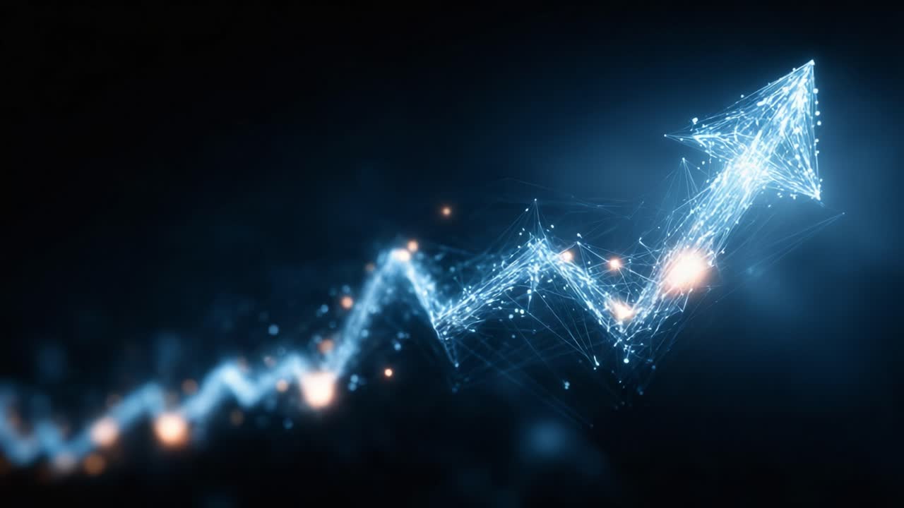 Una visualizzazione dinamica del progresso: una freccia digitale ascendente che rappresenta crescita, innovazione e il percorso futuro in un ambiente ad alta tecnologia.